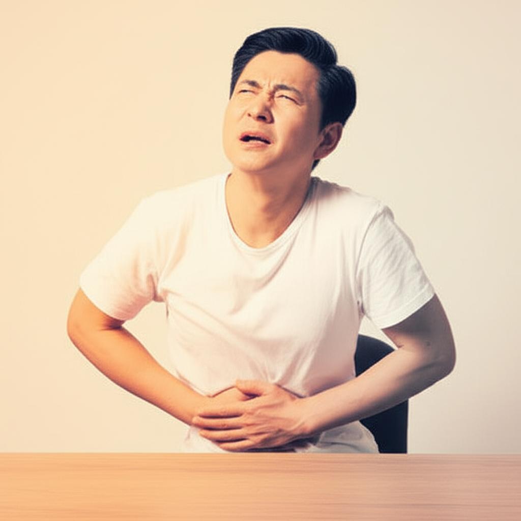 Middle-aged Asian man sitting at a desk, looking uncomfortable and holding his lower abdomen. Warm, slightly muted colors.