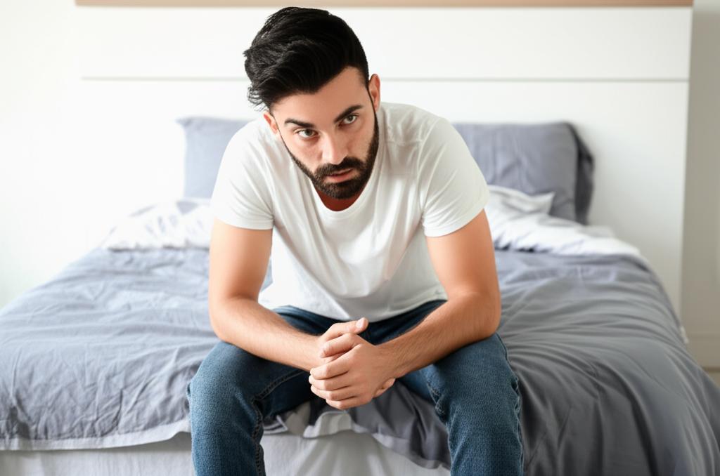A man sitting on a bed looking tired after intimacy, with a worried expression.