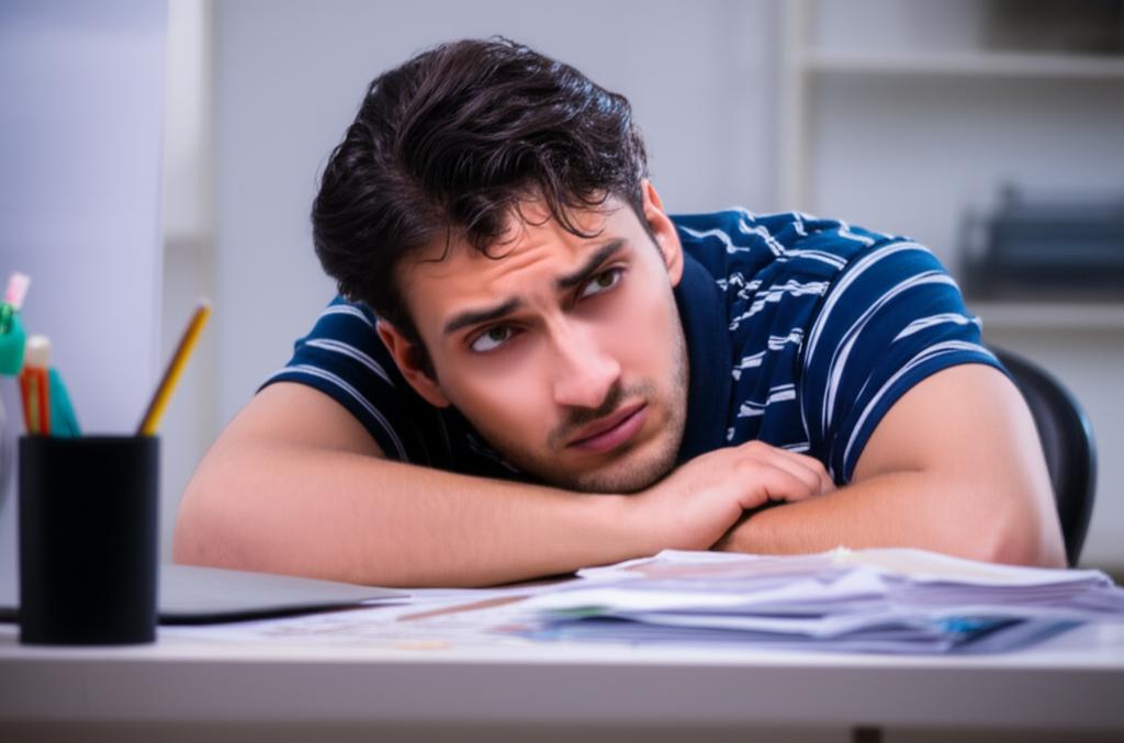 tired man at desk after intimate night, feeling exhausted