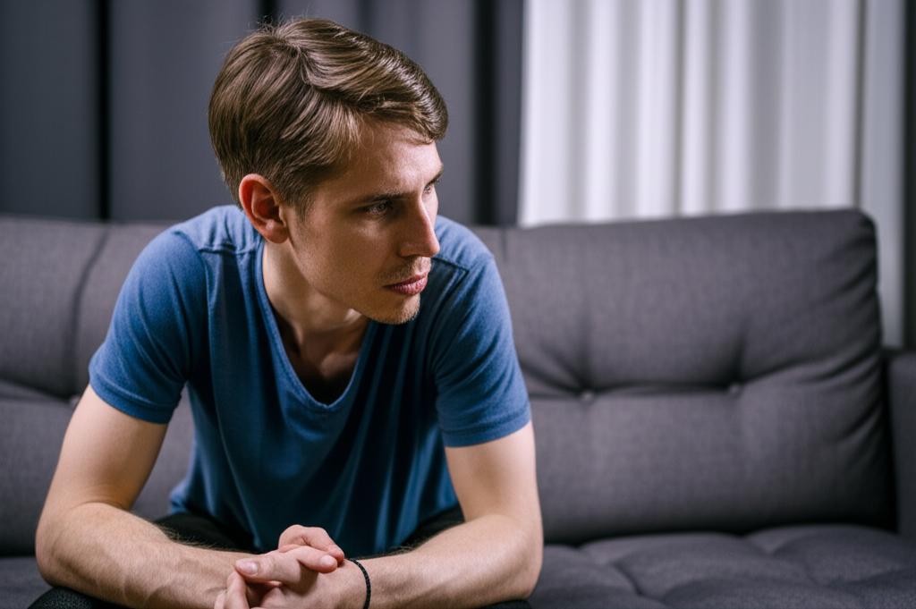 Young man looking tired and stressed, sitting on a sofa, thinking about relationship issues.