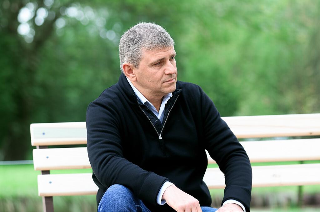 Empathic image of a middle-aged man looking thoughtful or slightly weary, sitting alone.