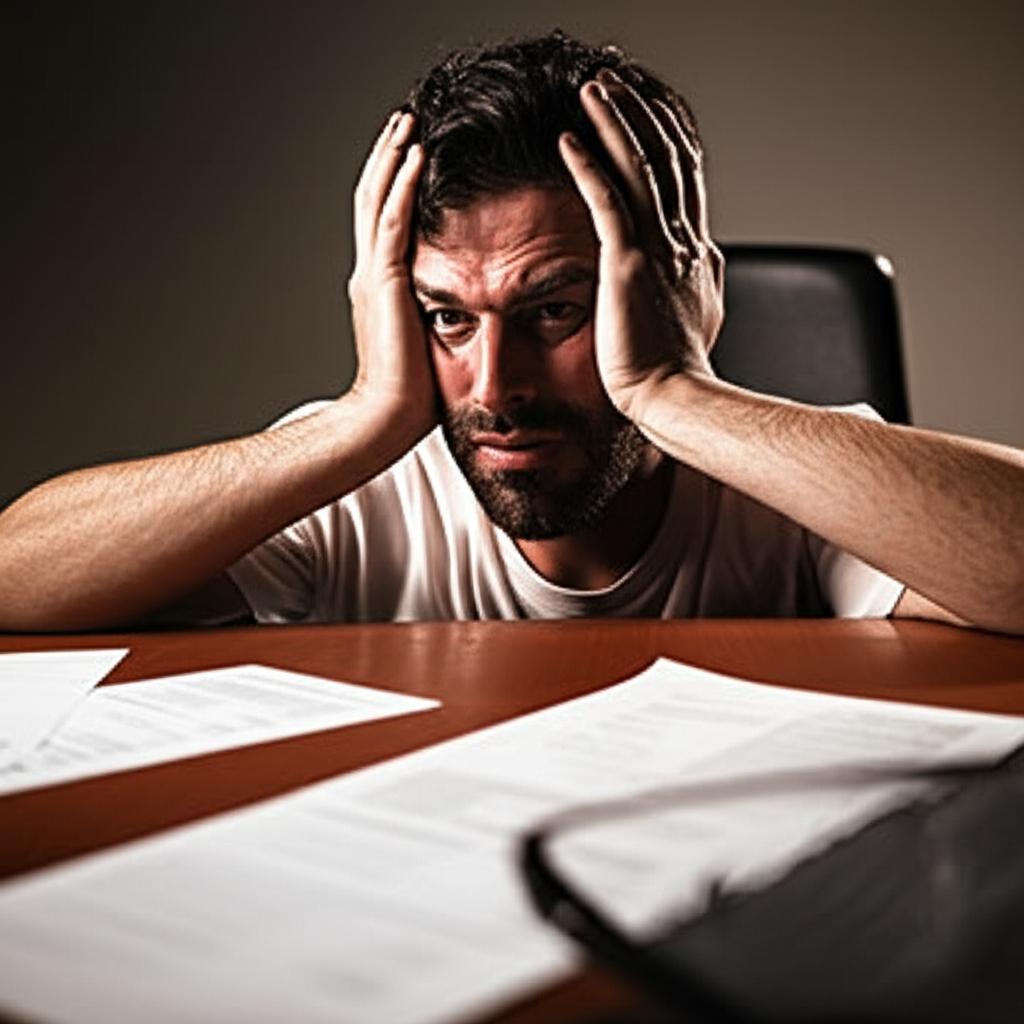 tired man sitting at desk looking stressed