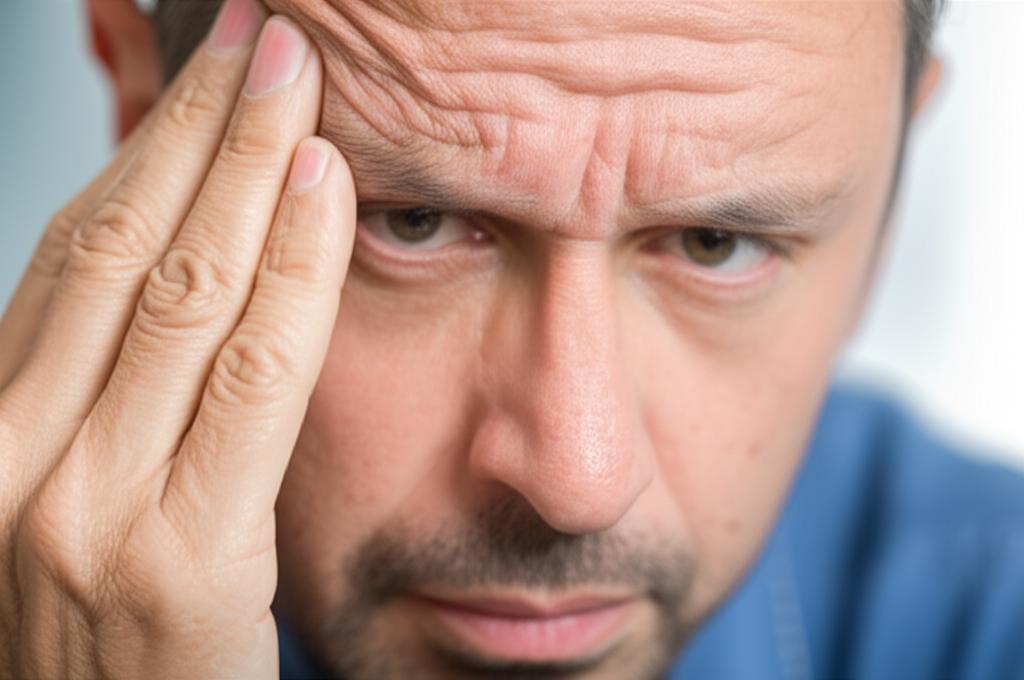 Man experiencing headache and blurred vision after taking medication, looking uncomfortable
