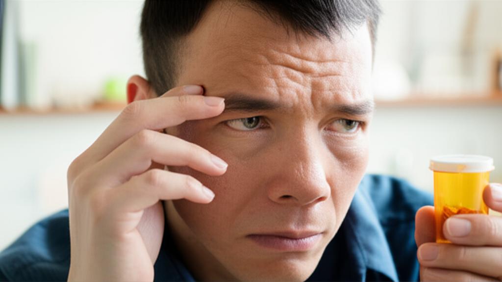 A man looking frustrated while holding a pill bottle, with a blurred background suggesting a domestic setting.