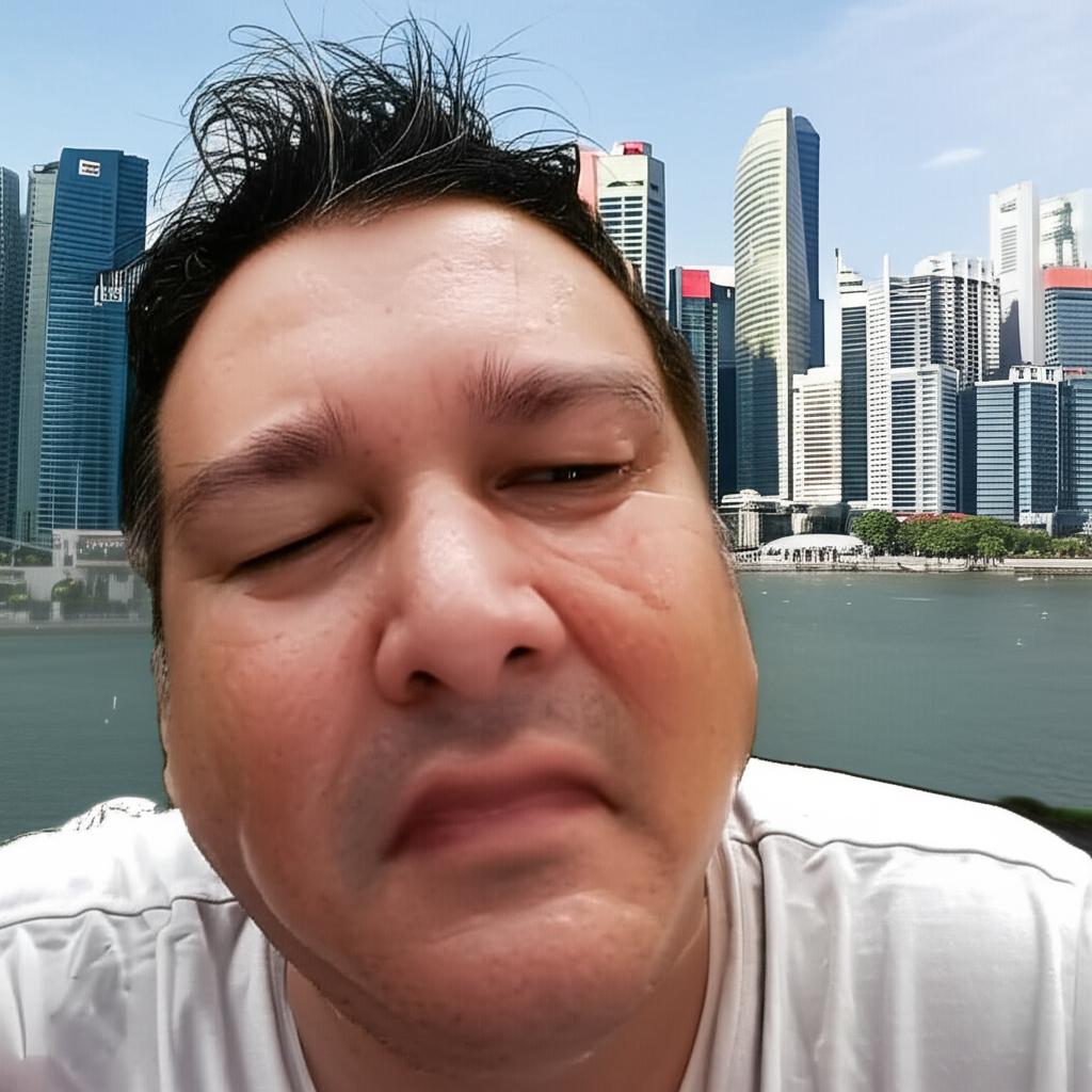 Man looking tired and stressed, Singapore cityscape in background, realistic photo