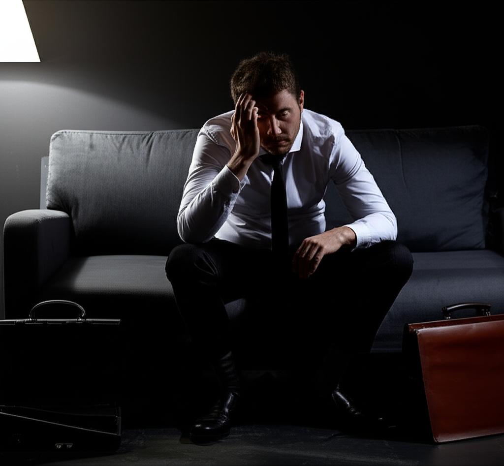 Tired man sitting on sofa after work