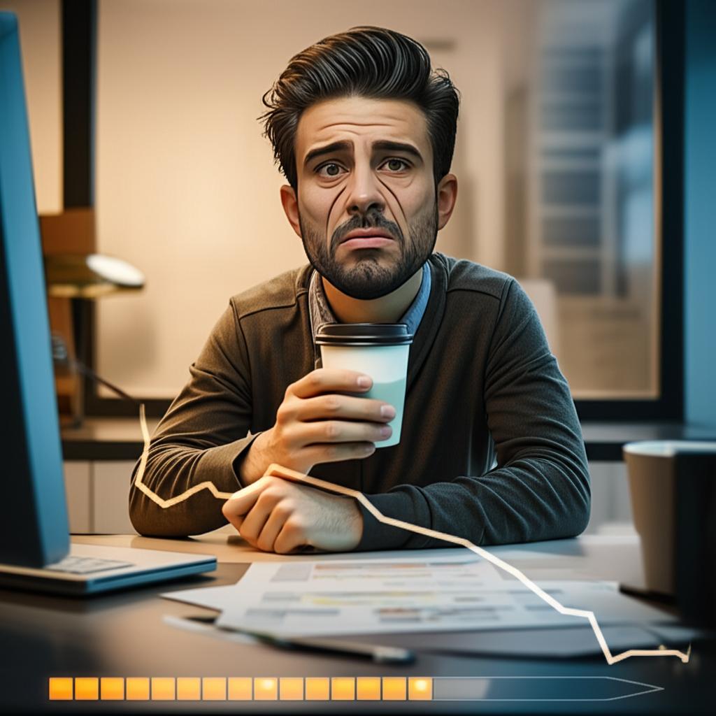 Tired man in office holding coffee cup, looking exhausted, low energy level indicated by graphics