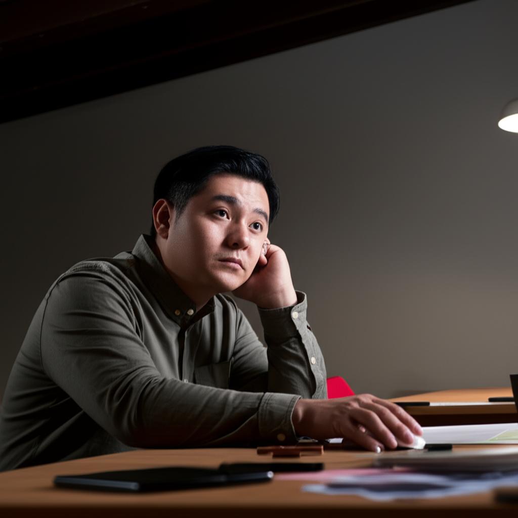 A thoughtful man in his 30s looking slightly tired, sitting at a desk with subtle hints of stress, illustrating the feeling of being drained.