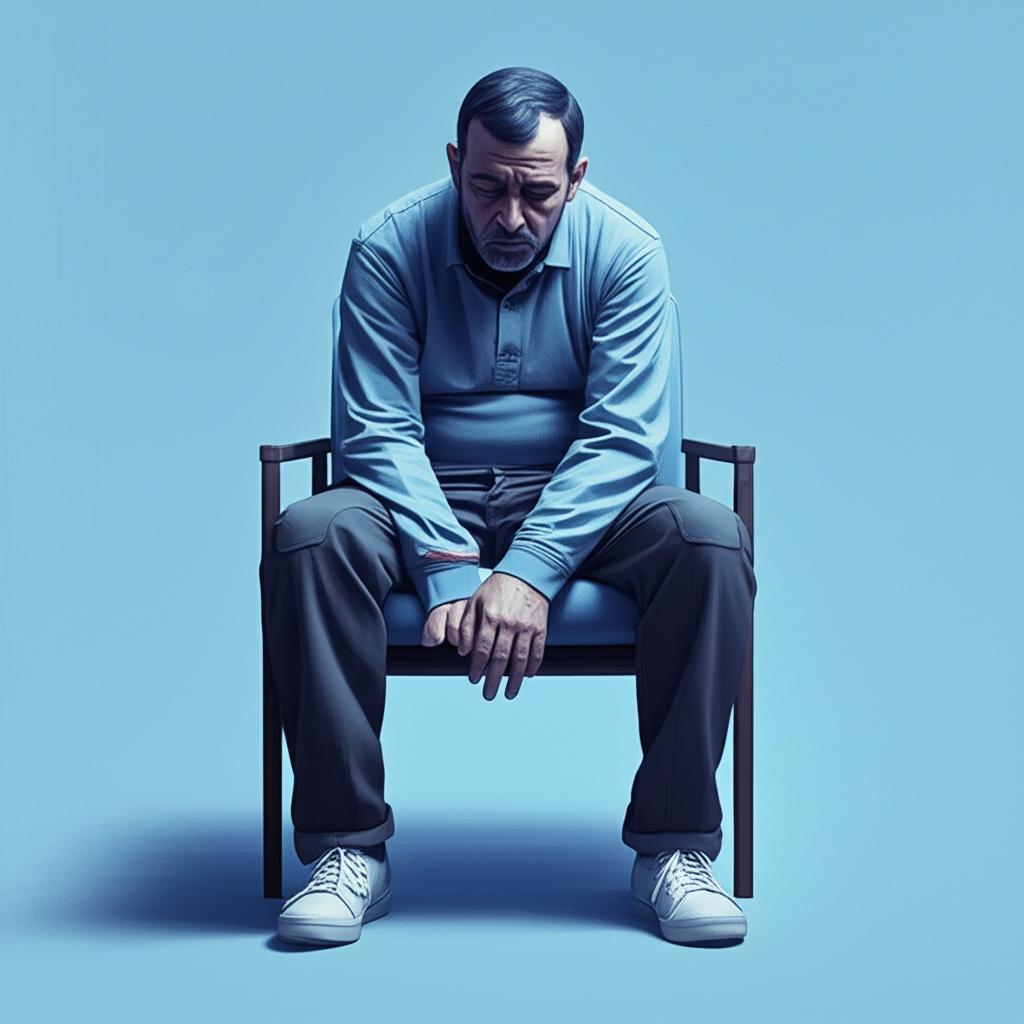 Illustration of a tired middle-aged man sitting on a chair, looking drained, with a cold feeling suggested by blue tones. AI art, realistic style.