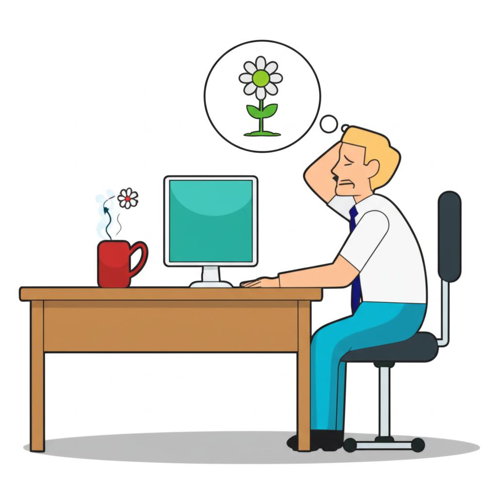 Illustration of a tired office worker sitting at a desk, looking stressed and exhausted, with a thought bubble showing a wilting flower.