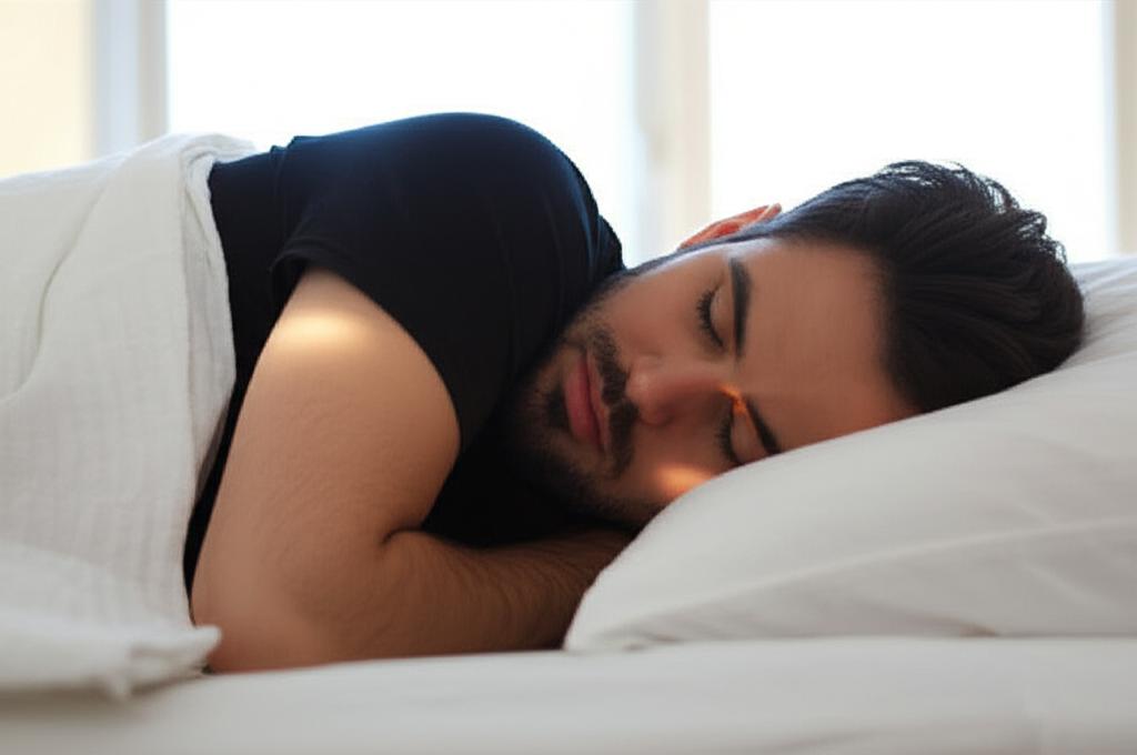 Man sleeping peacefully in bed, morning light