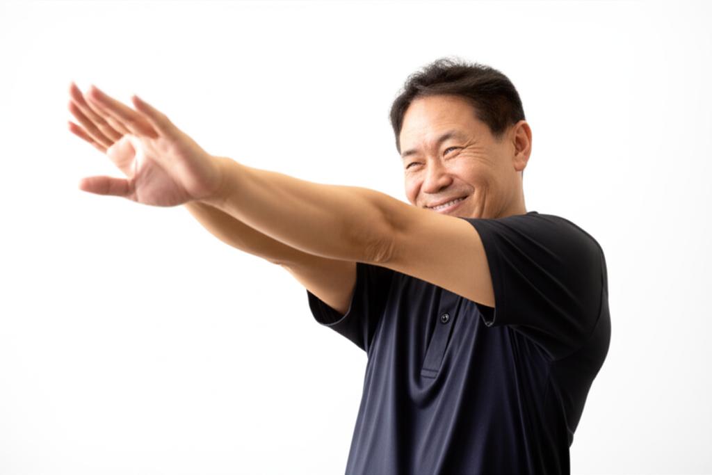 Happy middle-aged Asian man standing and stretching after sitting, looking relieved and energetic. Bright, positive lighting.