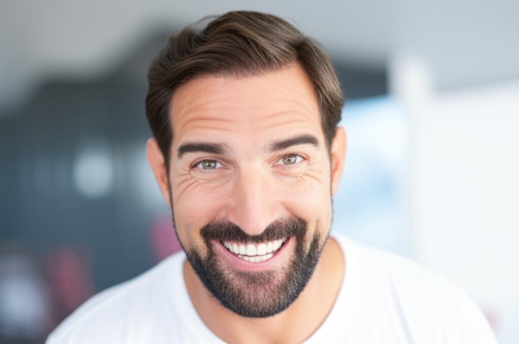 man looking relieved and energetic after using product