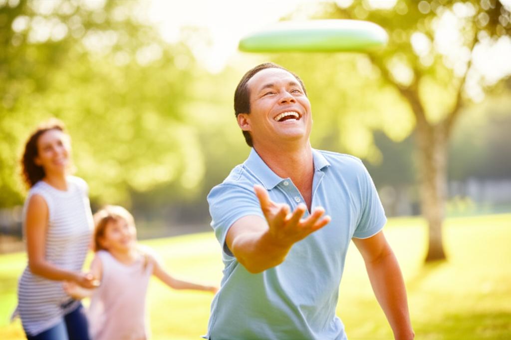 A man looking energetic and happy, perhaps playing with his family or engaging in a hobby, symbolizing renewed vitality.