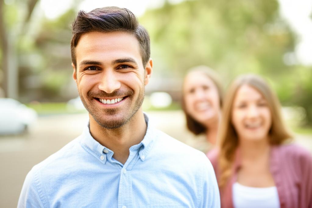 Confident and energetic man smiling, perhaps with a partner in a positive setting, symbolizing improved vitality