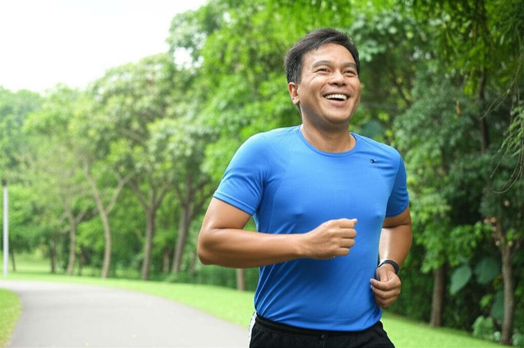A man in his 40s smiling and looking energetic while jogging in a park in Singapore, with lush greenery in the background.