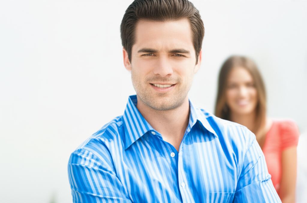 Man looking confident and energetic, perhaps with partner in background, natural light, realistic photo