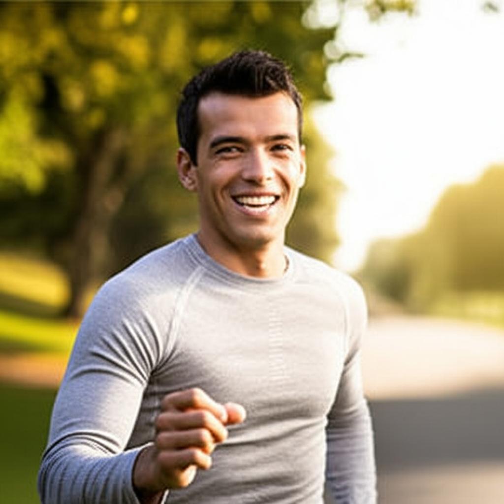 Energetic man smiling, looking confident, enjoying outdoor activity, sun shining