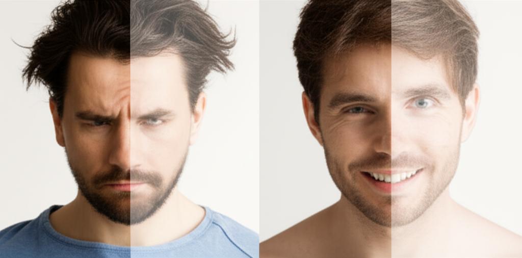 A split image showing a man looking stressed and tired on one side, and the same man looking energetic and smiling on the other side, representing positive change.