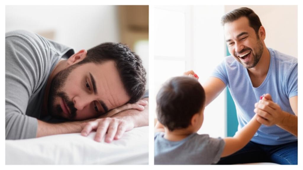 Split image showing a man looking tired and slumped on one side, and the same man looking energetic and smiling while playing with his child on the other side. AI art, realistic style.