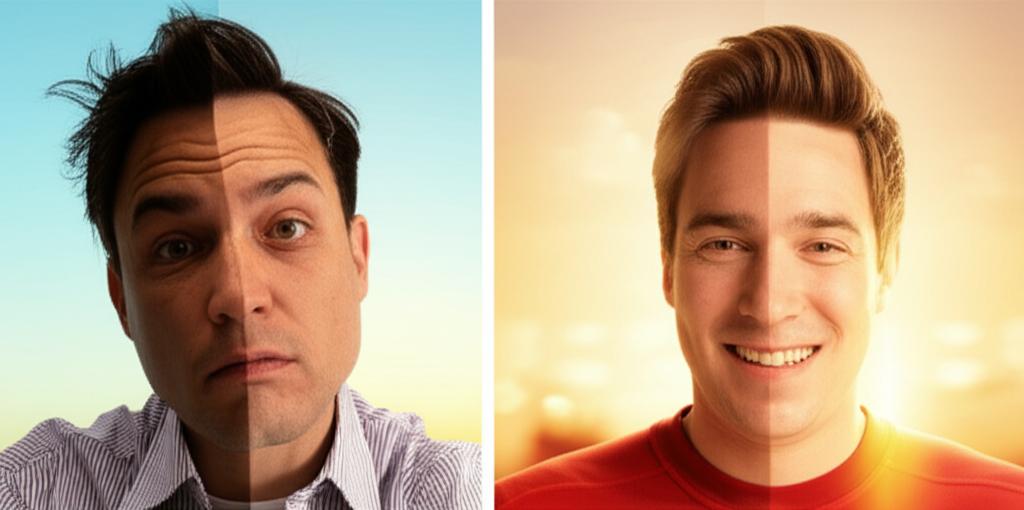Split image showing a man looking stressed and tired on one side, and the same man looking energetic and happy on the other side, perhaps with a sunrise in the background.