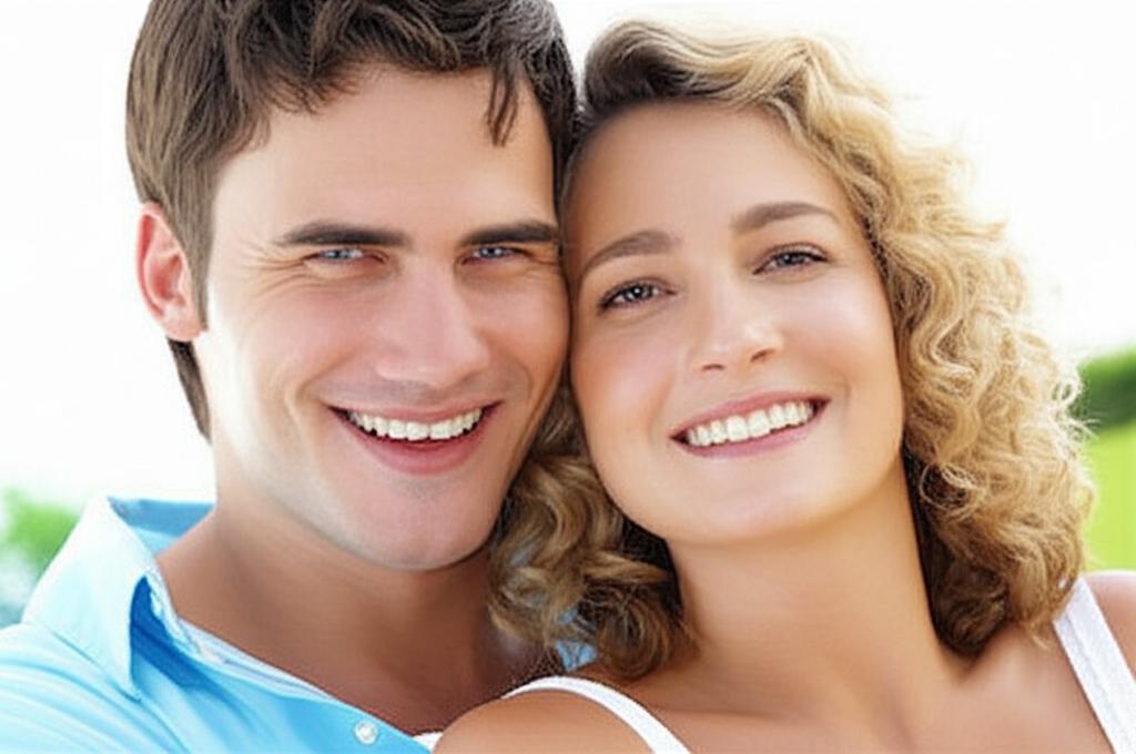 A happy couple smiling together, looking healthy and connected