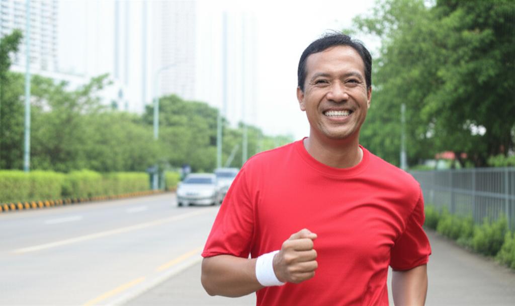 Healthy middle-aged man smiling, enjoying outdoor activity in Singapore