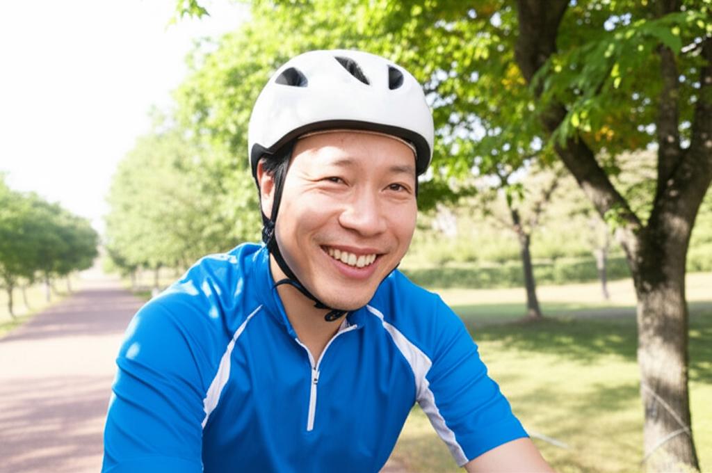 Healthy middle-aged Asian man enjoying outdoor activity, perhaps cycling or walking, looking energetic and happy. Sunny day.