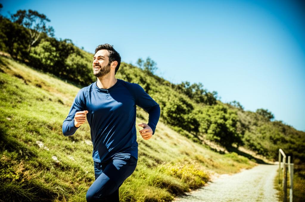 A confident and energetic man enjoying life, perhaps running or hiking, symbolizing peak performance and well-being.