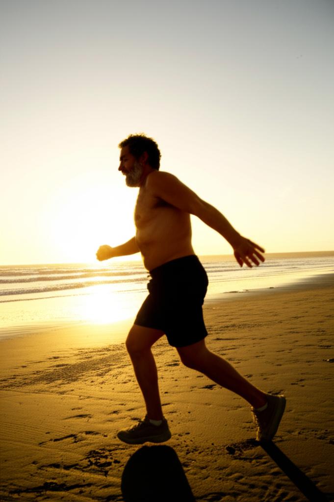 Man full of energy and vitality, running on beach at sunset, feeling free and powerful