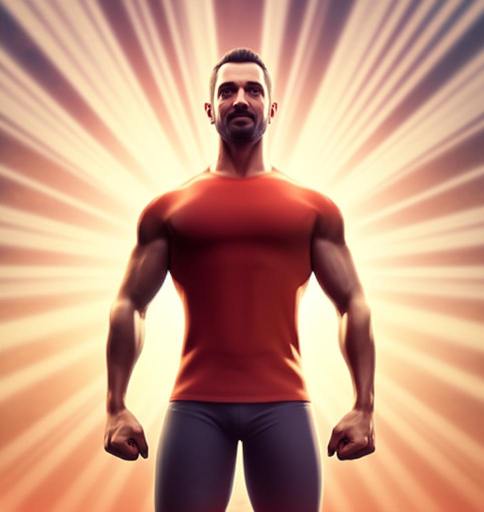 Illustration of a man looking strong and energetic, standing tall with sun rays behind him, symbolizing renewed vitality. AI art, realistic style.