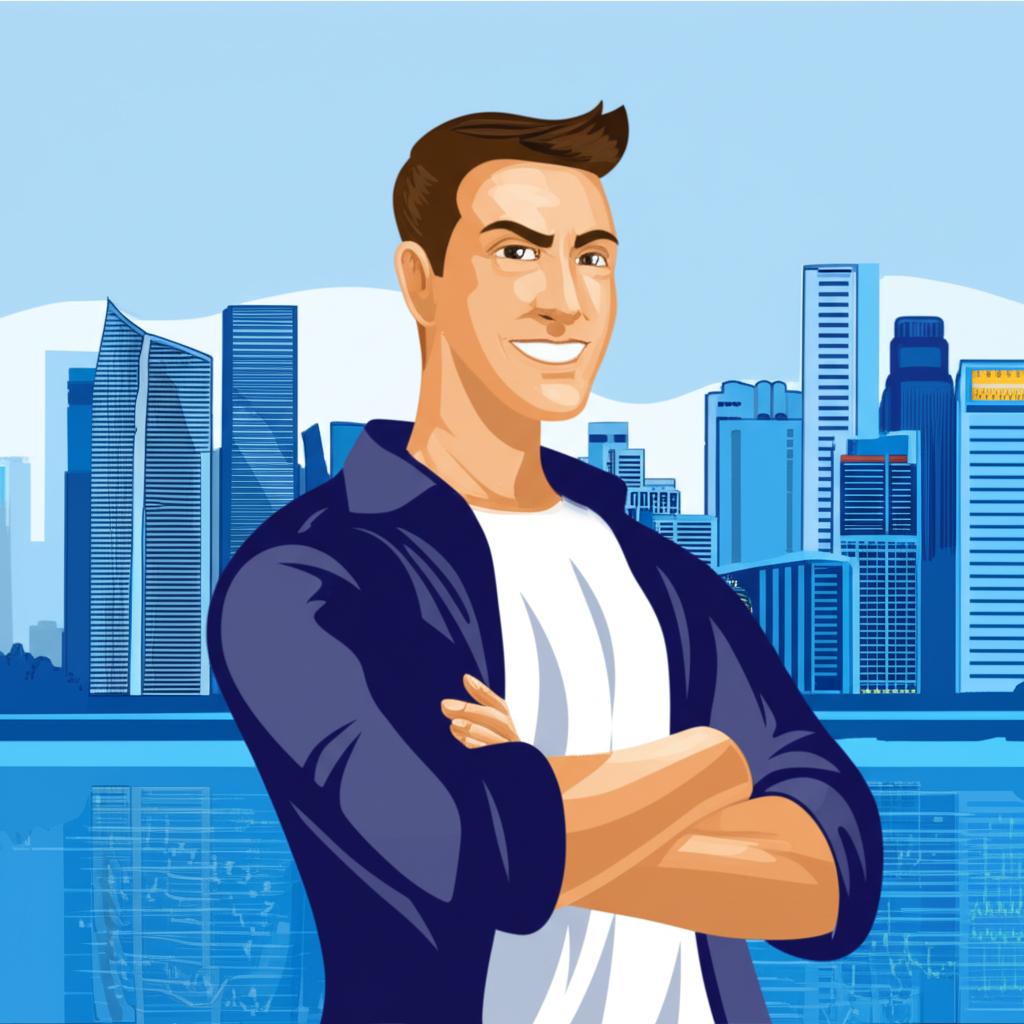 Illustration of a man standing confidently with arms crossed, looking energetic and healthy, perhaps with a cityscape of Singapore in the background.