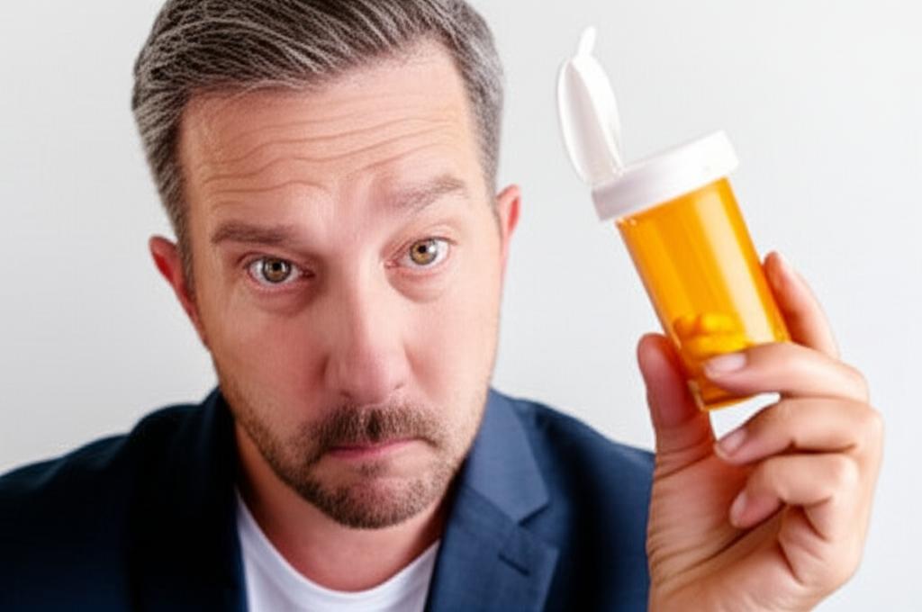 Middle-aged man looking stressed while holding a pill bottle, realistic photo