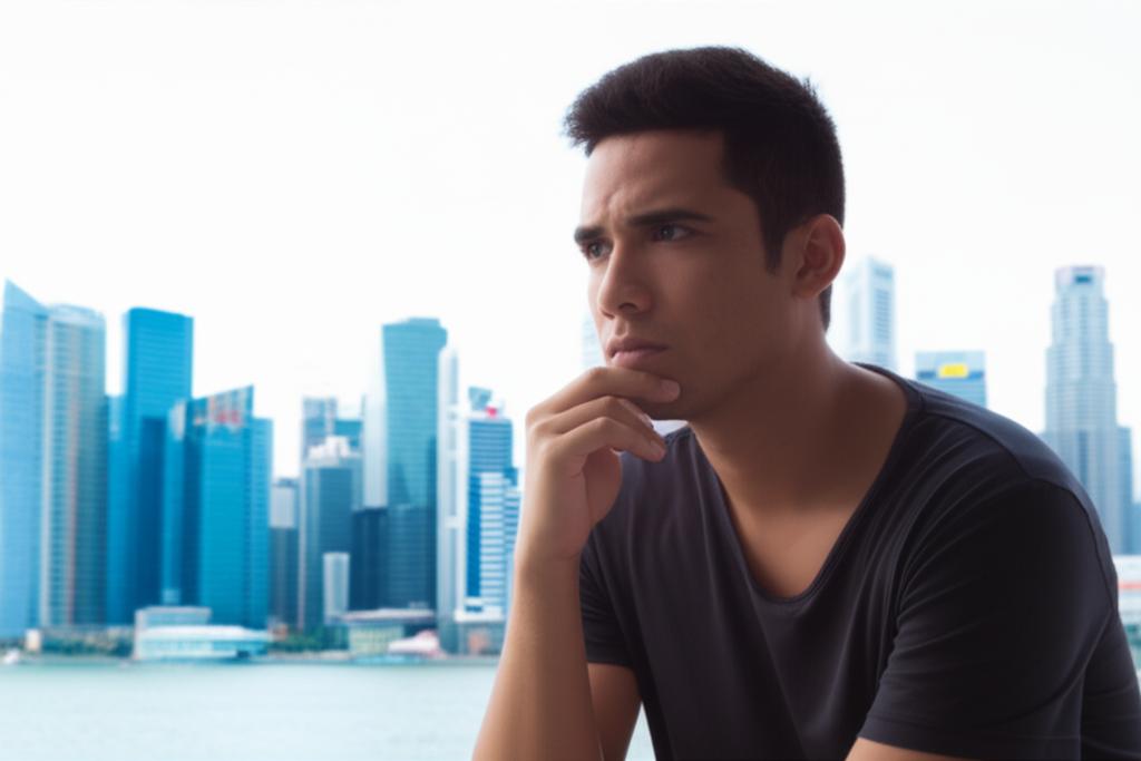 Man contemplating health and intimacy, thoughtful expression, Singapore skyline in background