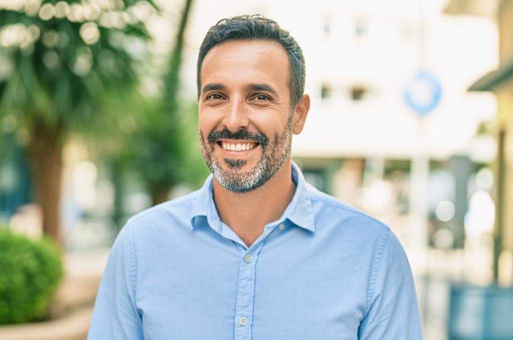 Middle-aged man looking confident and happy, walking outdoors, realistic photo