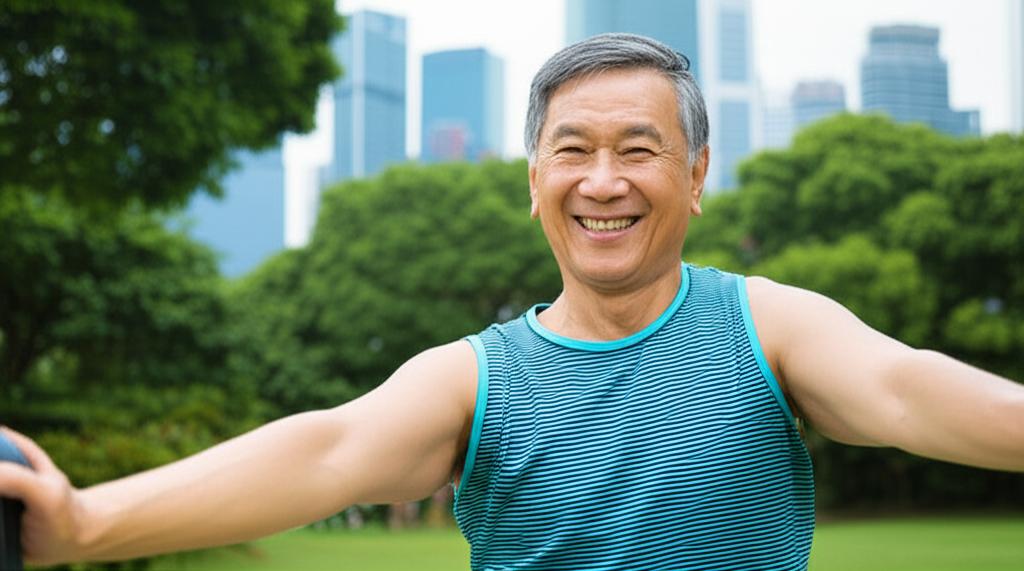 Older Asian man smiling confidently, exercising in a park in Singapore