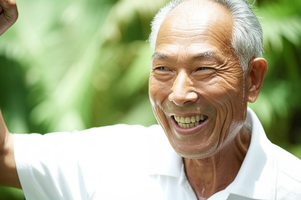 Older Asian man smiling and feeling energetic